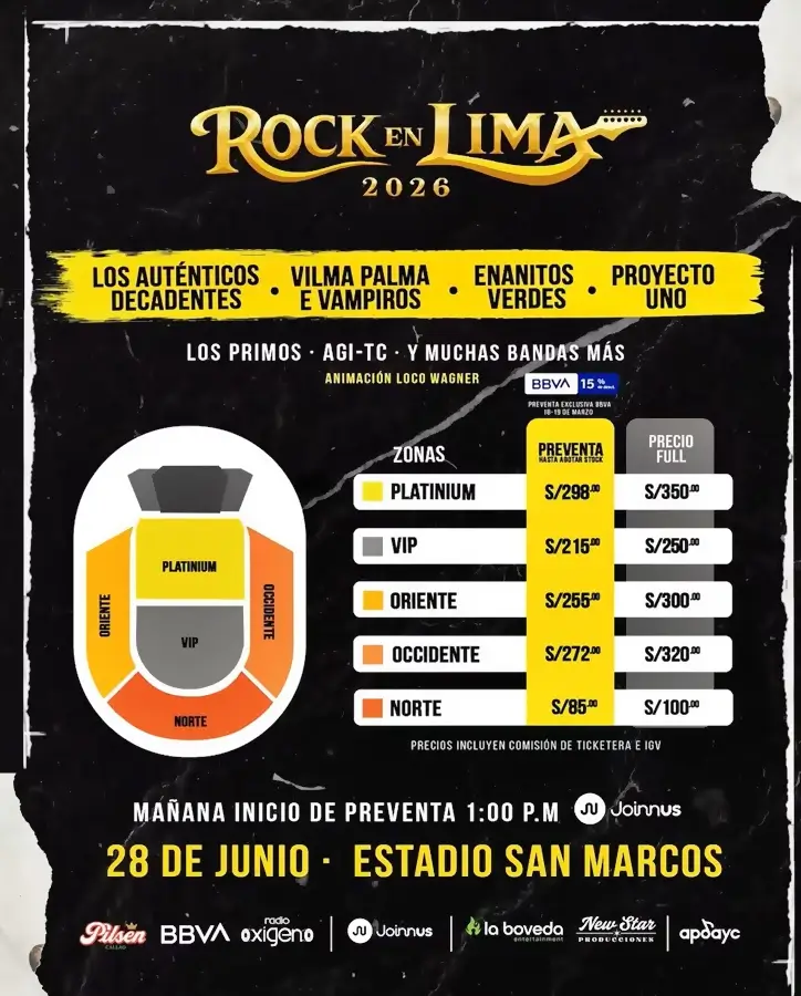 Afiche oficial del festival Rock en Lima 2026 con Los Auténticos Decadentes, Vilma Palma e Vampiros, Enanitos Verdes y Proyecto Uno. Incluye mapa del Estadio San Marcos, precios de entradas desde S/85 en preventa Joinnus y fecha del evento: 28 de junio